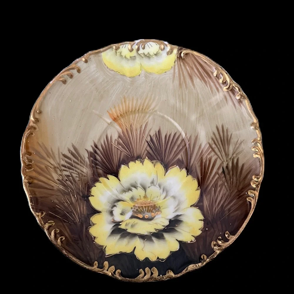 Saji Wild Cactus Yellow Flower Brown Tea Cup Saucer Made in Japan Hand Painted